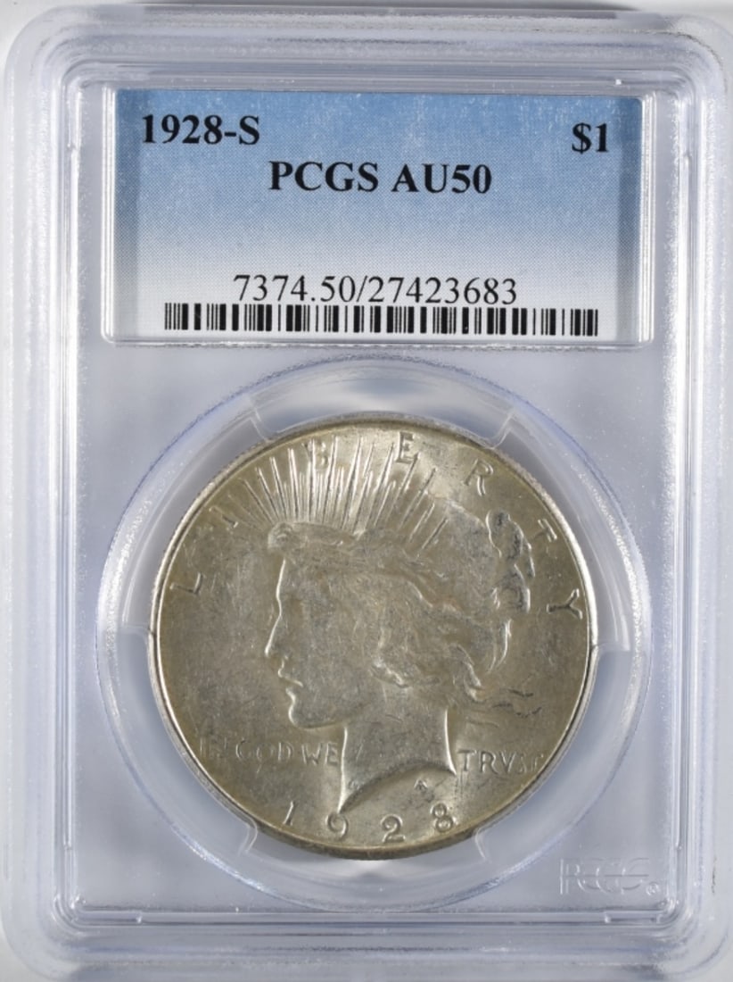 1928-S Peace Dollar, PCGS AU-50: Your #1 shop for all things collectible.