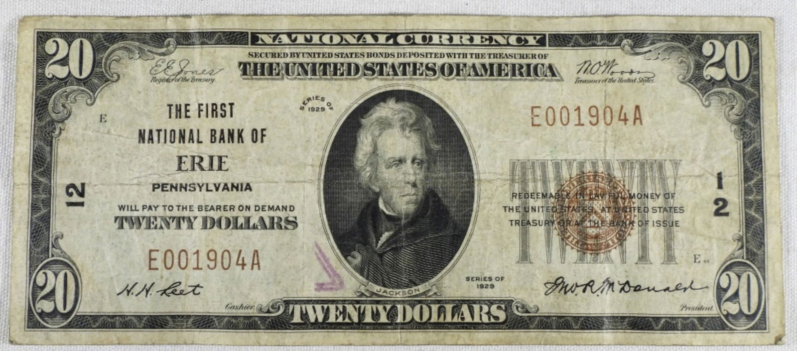 1929 $20 First National Bank of Erie, PA Note: Bid Now!
