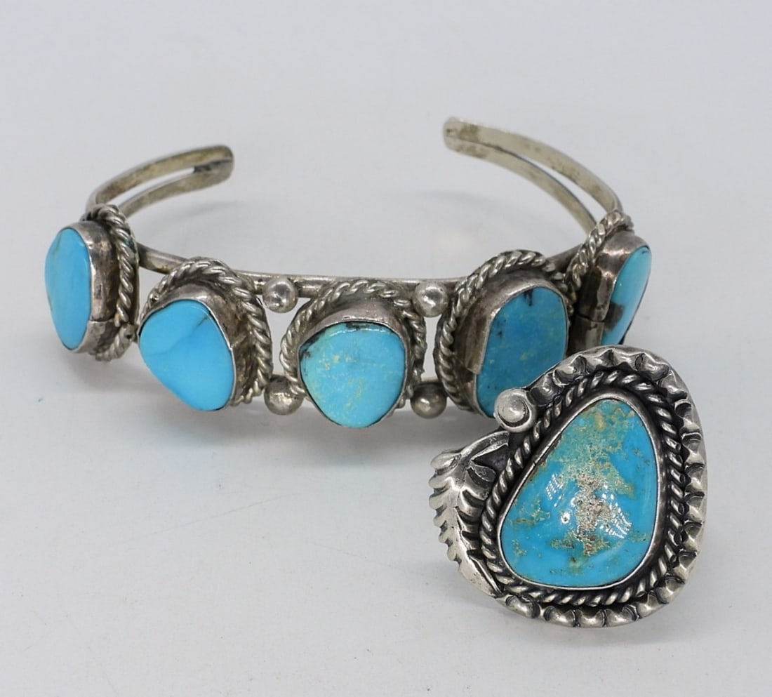 Vintage 925 Turquoise Cuff & Ring: Vintage sterling turquoise cuff bracelet, 7" around inside. Turquoise ring, size 8. (20 dwt)