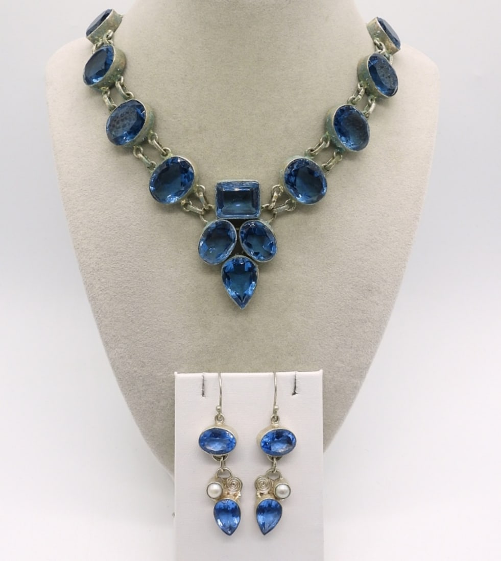 Vintage 925 Blue Crystal Necklace & Earrings (1 of 4)