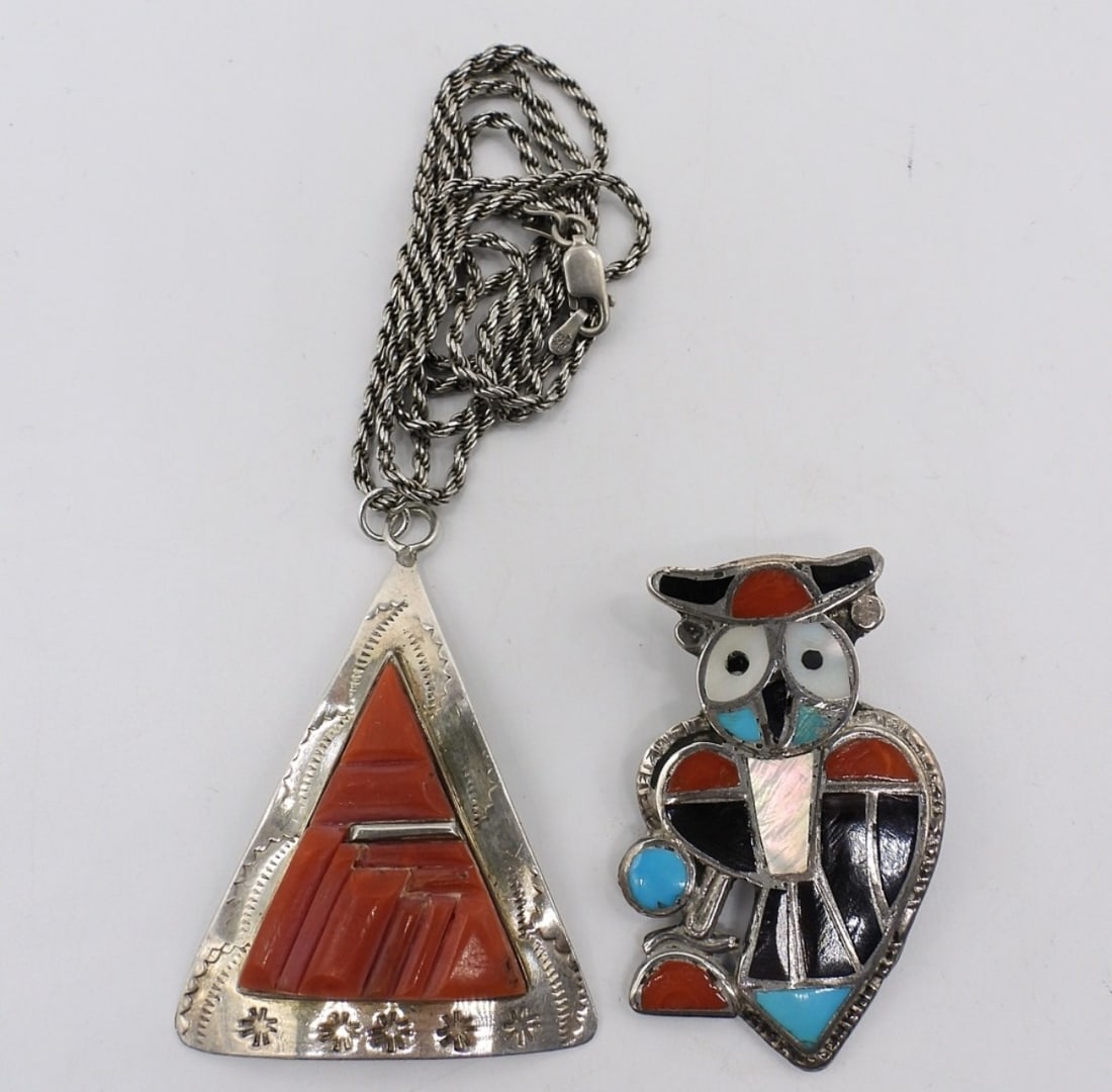 Zuni Sterling Owl & Pyne Navajo Necklace (1 of 2)