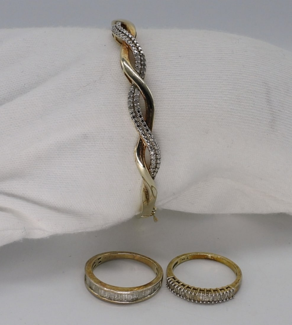 Gold Tone Sterling Diamond Rings & Bracelet (1 of 2)