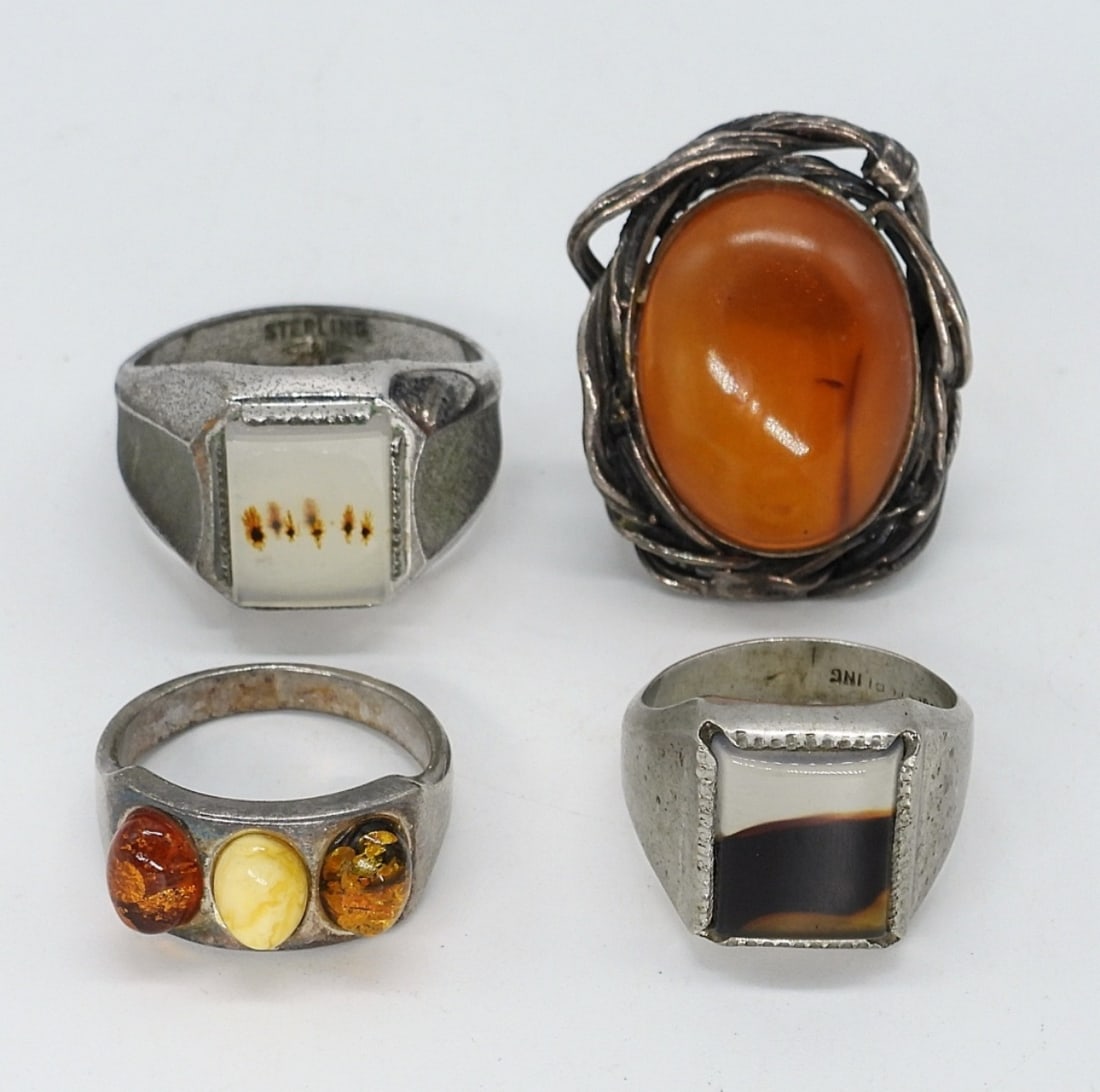Amber & Dendritic Agate 925 Rings: Four sterling rings with Dendritic Agate and Amber. Sizes 6.5-11 (15.2 dwt)