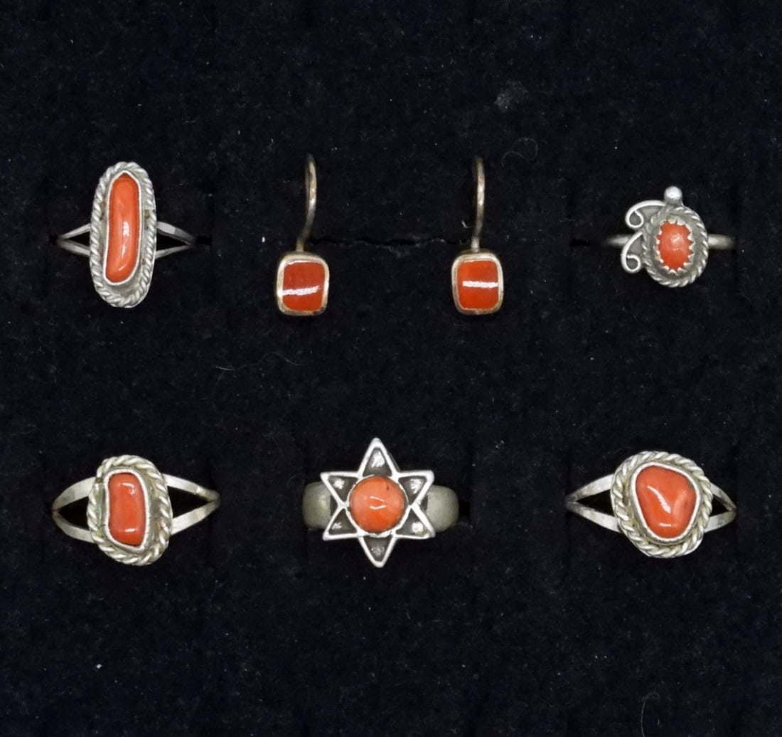 Red Coral Sterling Rings & Earrings: Five petite sterling red coral gemstone rings, sizes 3-7. Pierced earrings are 3/4" long. (7 dwt)