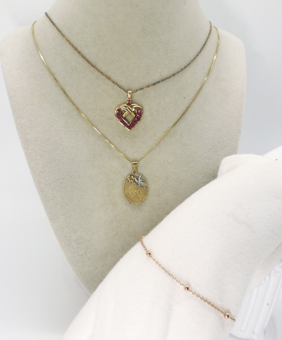 Gold Tone Sterling Necklaces & Bracelet: Two gold tone sterling necklaces, 15" & 30" long chains. Sterling gold tone bracelet, 7" long. (6.4 dwt)