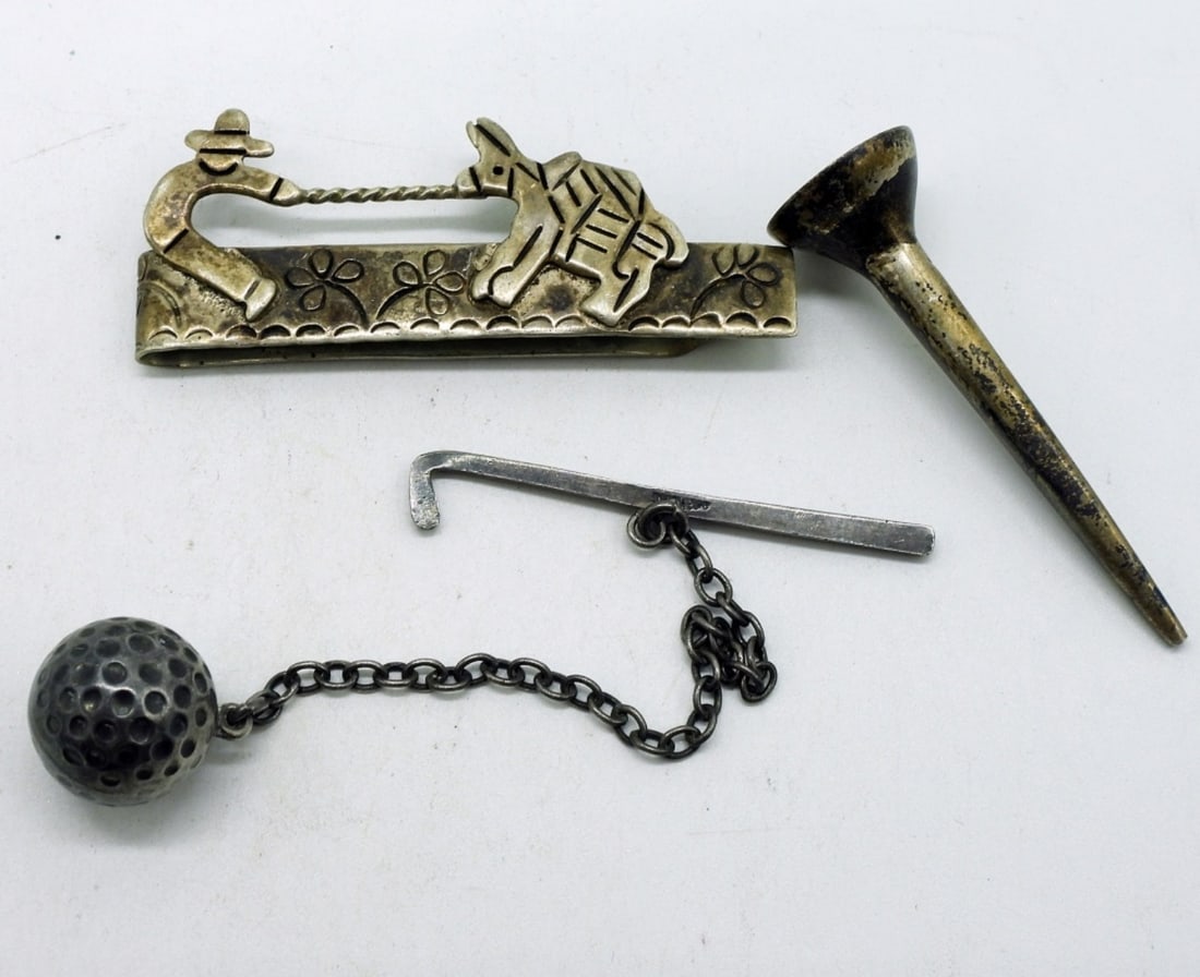 Sterling Vintage Mens Items: Sterling Golf Tee. Golf club/ball tie tack. Stubborn donkey, Mexico tie tack. (9.9 dwt) (6x4x2)