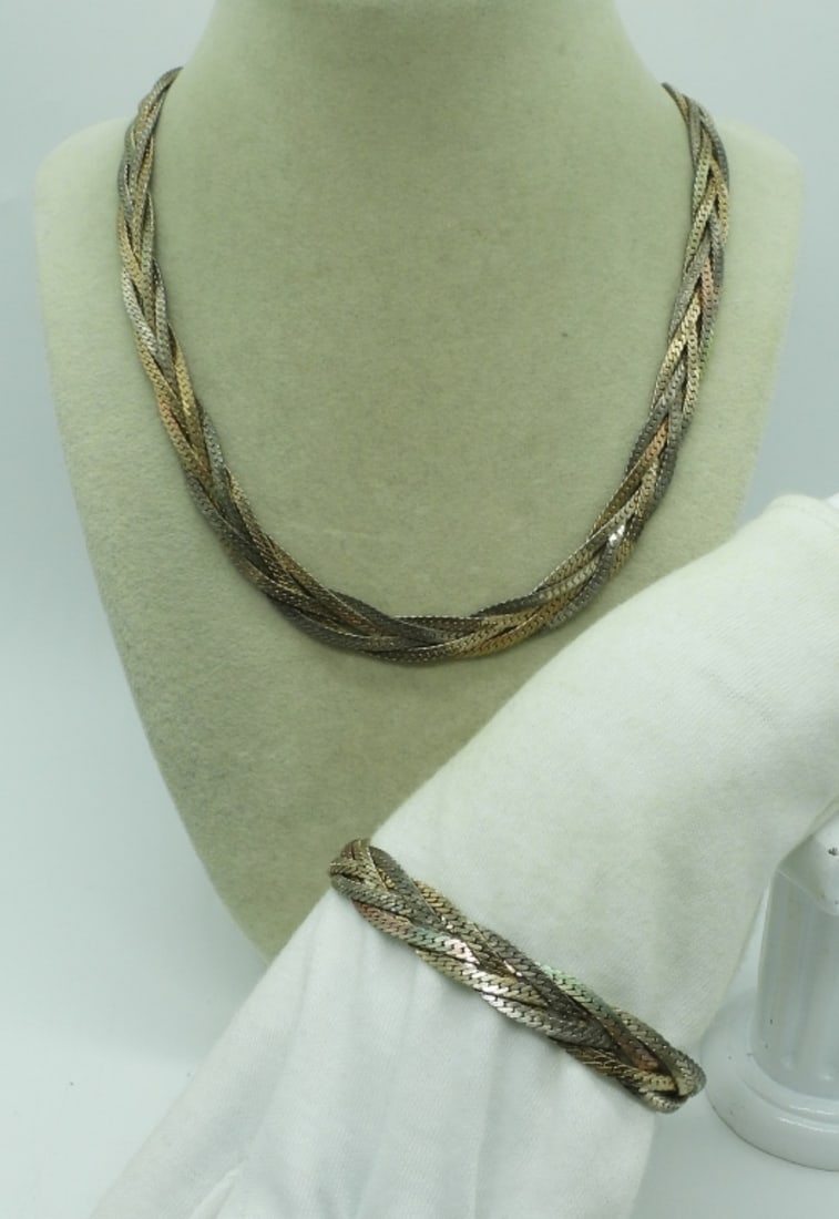 Braided Sterling Necklace & Bracelet: Vintage sterling braided multi chain, two tone necklace 24" long. Matching bracelet, 7.5" long. (43.4 dwt) (6x4x2)