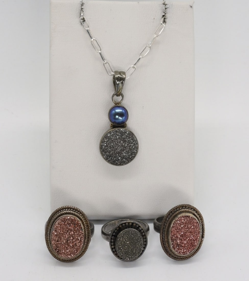 4 Druzy Sterling Rings & Necklace: Three sterling Druzy rings, size 6. Druzy & Pearl Necklace is 16" long. (15 dwt)