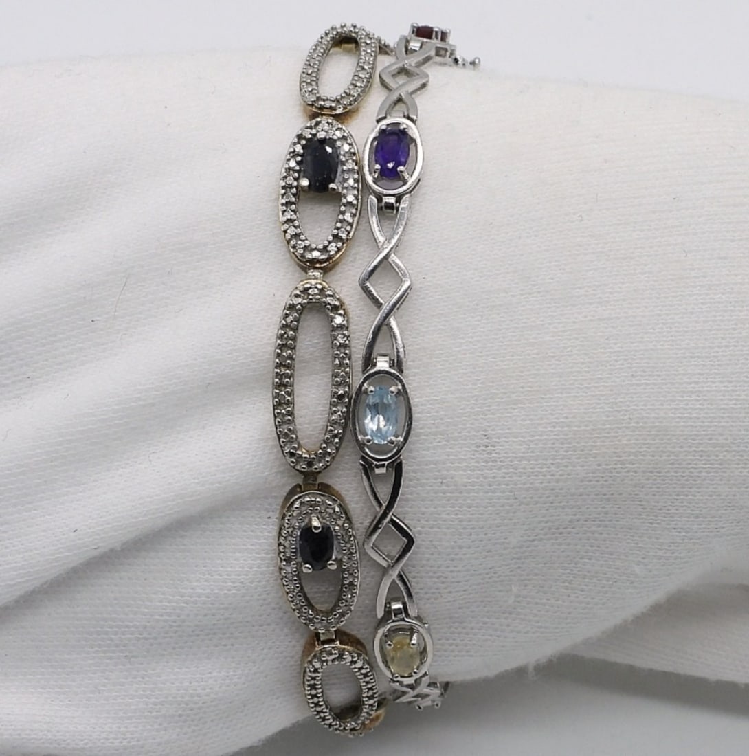 2 Sterling Gemstone Fashion Bracelets: Two sterling gemstone fashion bracelets, 7" long. (10 dwt)