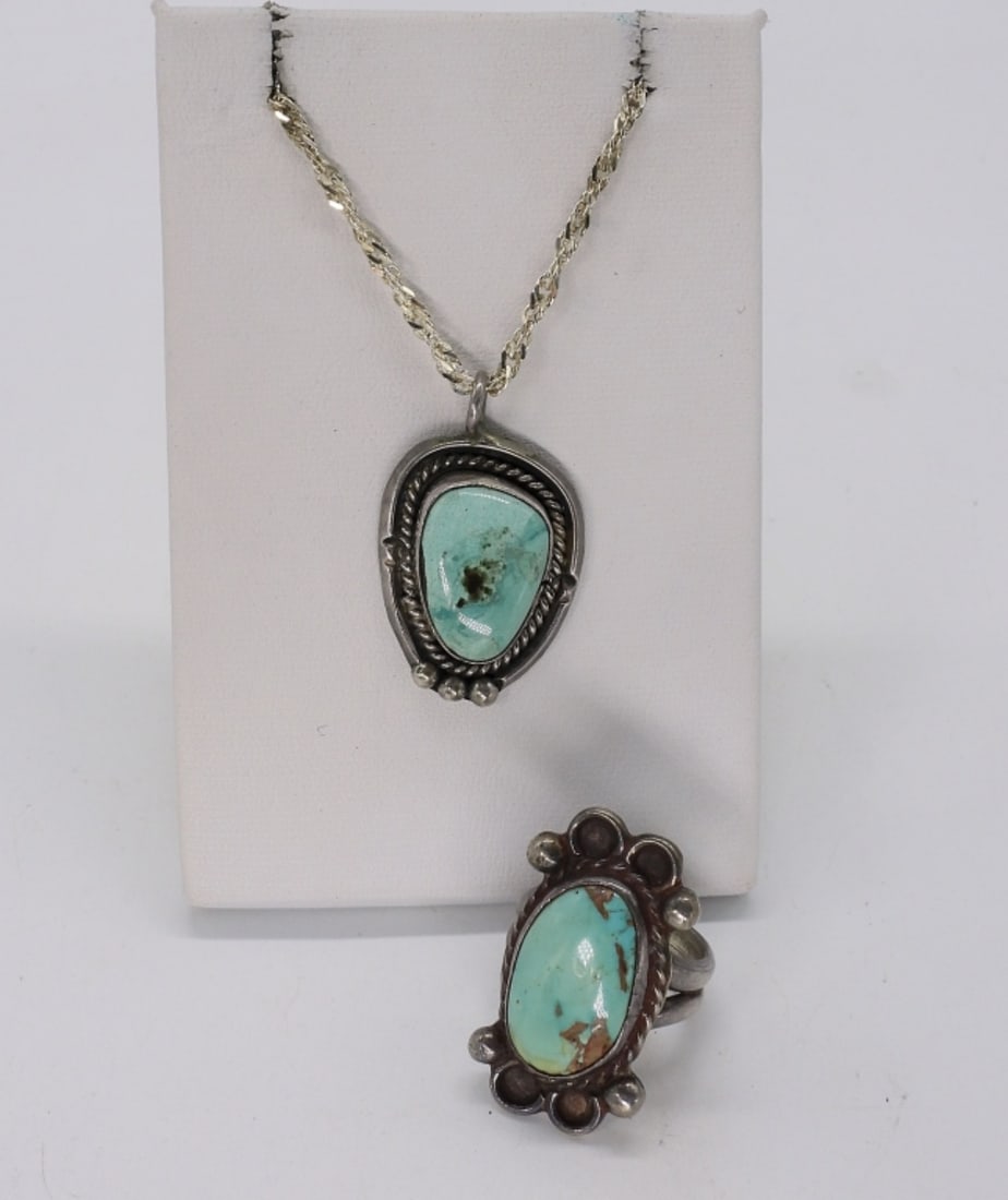 Light Blue Turquoise Sterling Ring & Necklace (1 of 2)
