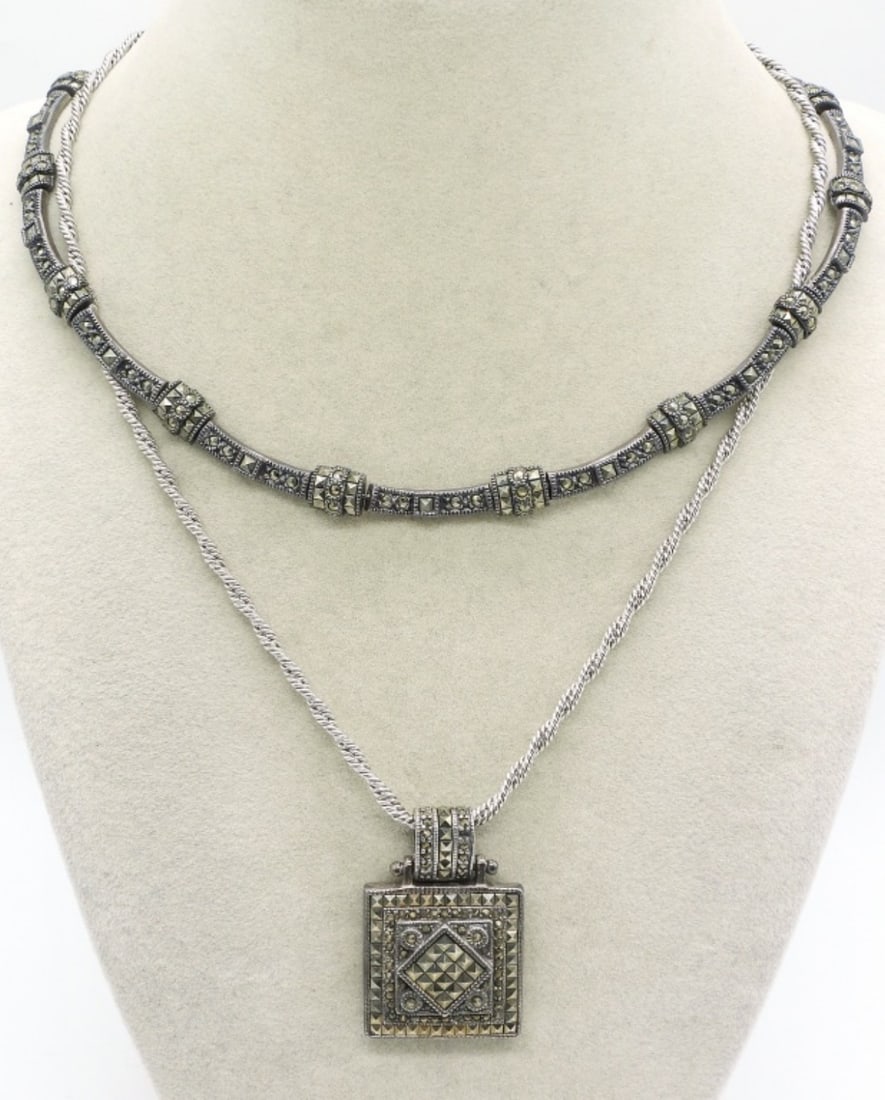2 Sterling Marcasite Necklaces: Two sterling marcasite necklaces. 17" & 18". (34.5 dwt) (6x4x2)