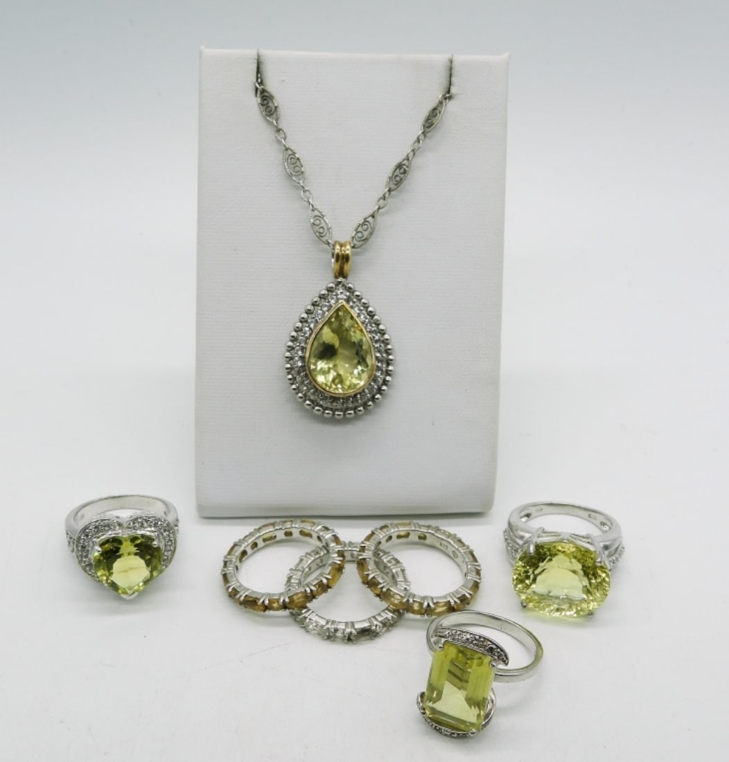 Yellow Green Gemstone 925 Rings & Necklace: Three yellow-green gemstone rings, two citrine & one simulated diamond ring. Size 7 for all. Necklace with yellow-green gemstone on a 18" chain. (23 dwt) (6x4x2)