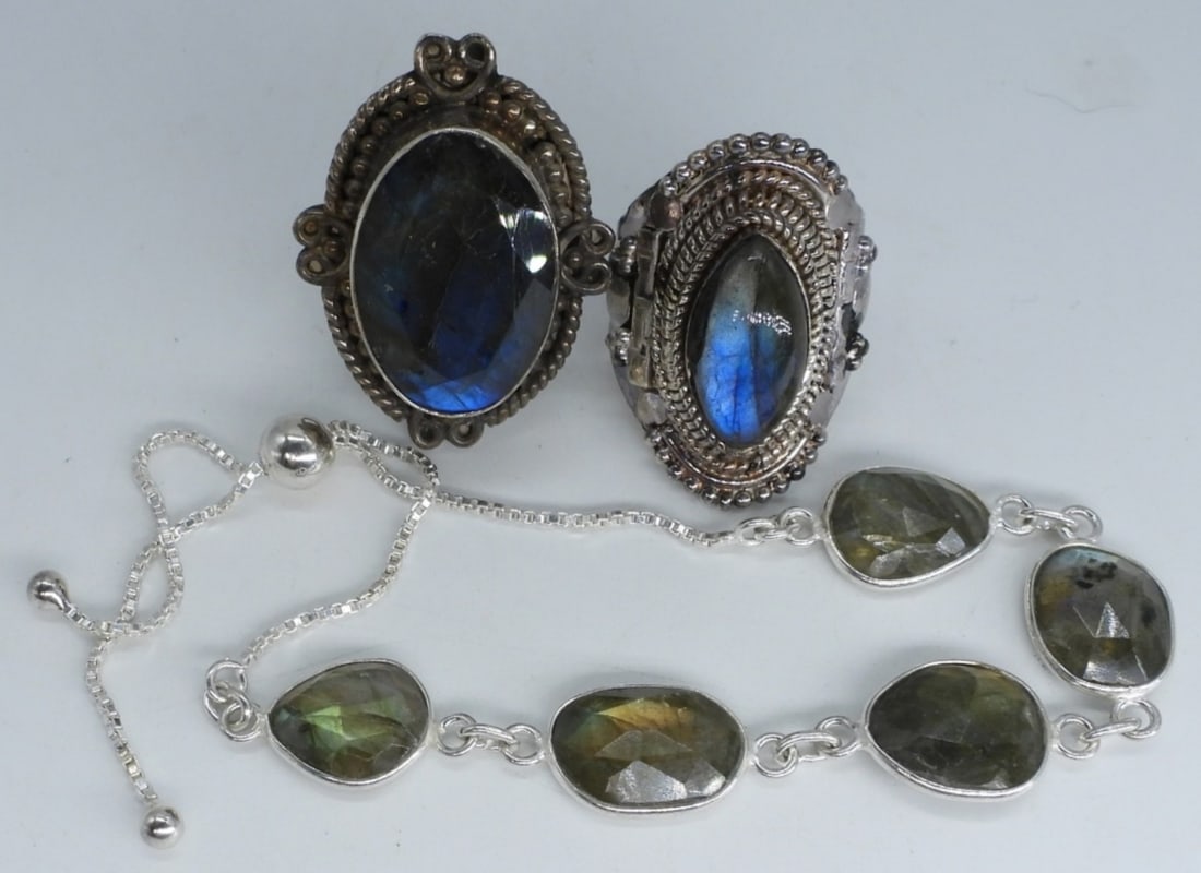 Labradorite Sterling Rings and Bracelet: Two sterling rings with Labradorite gemstones, size 7. Bracelet / Anklet with Labradorite gemstone, 10" long, adjustable. (15.8 dwt)