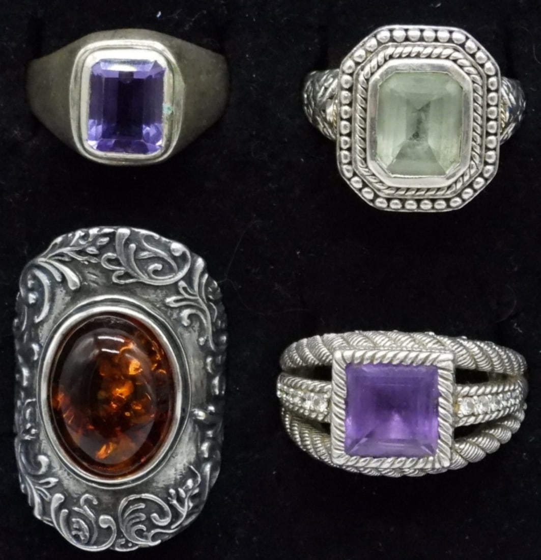 4 Sterling Gemstone Fashion Rings: Four sterling fashion gemstone rings. Amber, Amethyst and Green Amethyst. All size 9. (22 dwt)