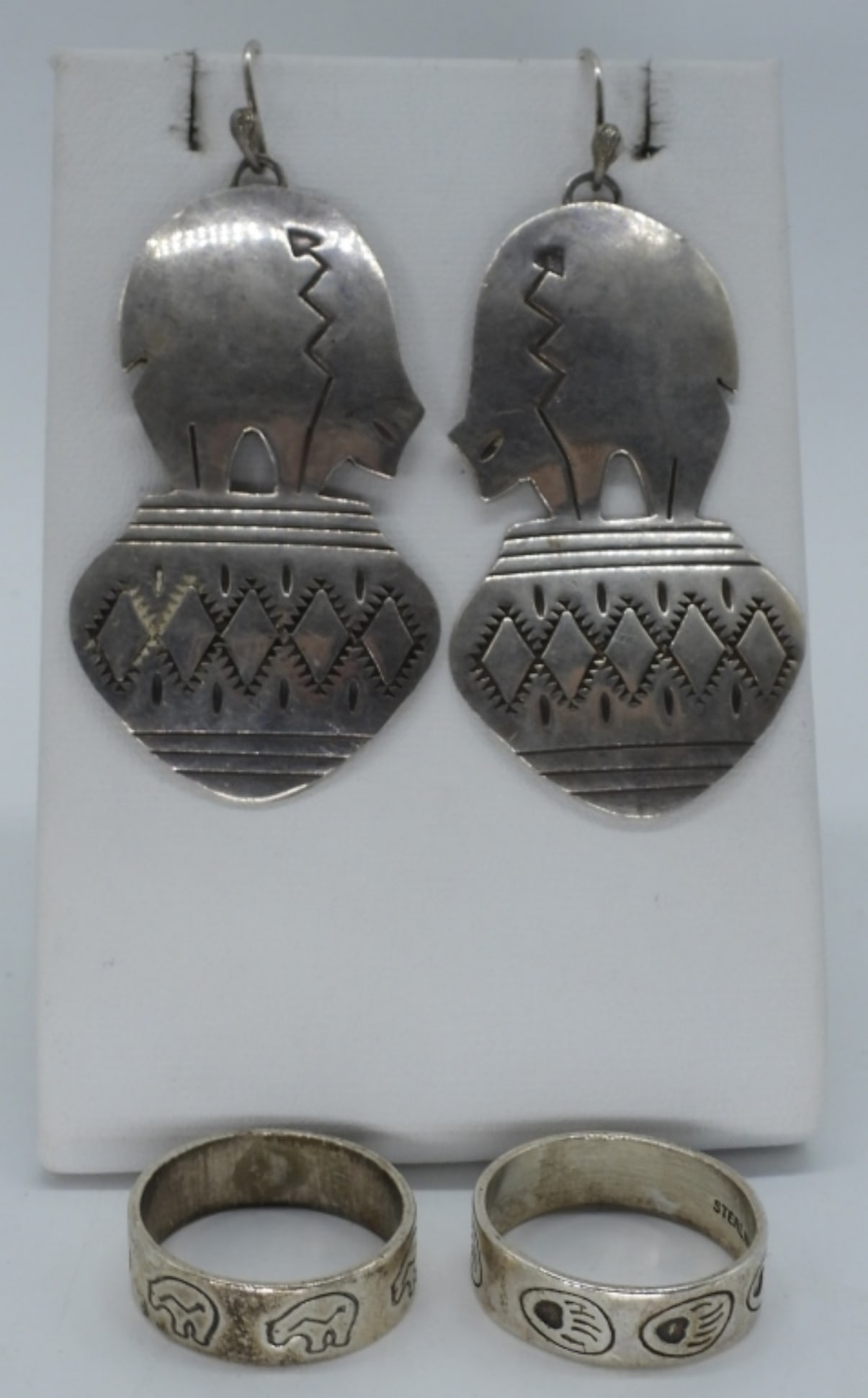 Zuni Bear Sterling Rings and Earrings: Zuni Bear sterling rings, size 7 & 8. Pierced sterling Zuni bear earrings hang 2.5". (12.3 dwt)