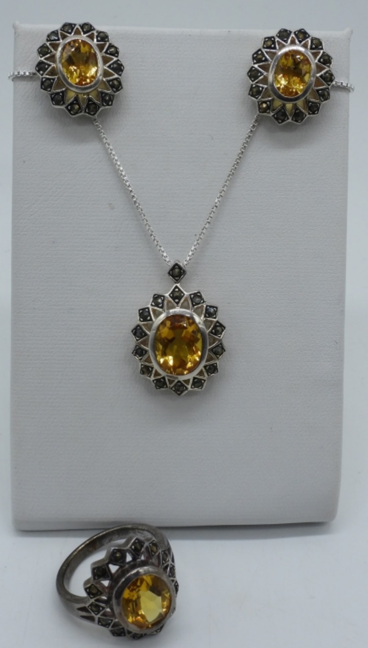 Citrine & Marcasite 925 Necklace Set: Sterling necklace, ring and pierced earrings with Citrine and Marcasite. Necklace is 24" long. Ring is size 6. (12 dwt)