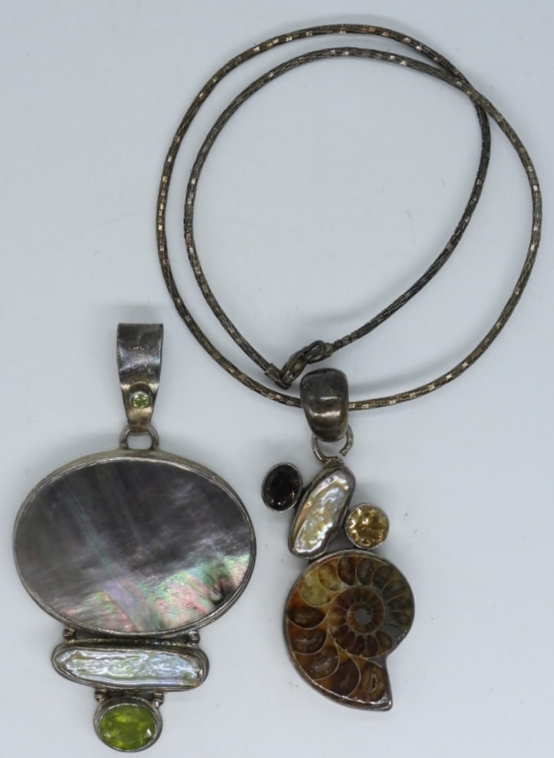 Fossil & Gemstone Sterling Pendants: Two sterling pendants with a fossil, garnet, mother of pearl, citrine and abalone gemstones. 2.5-3" long. Sterling chain is 15" long. (21 dwt)