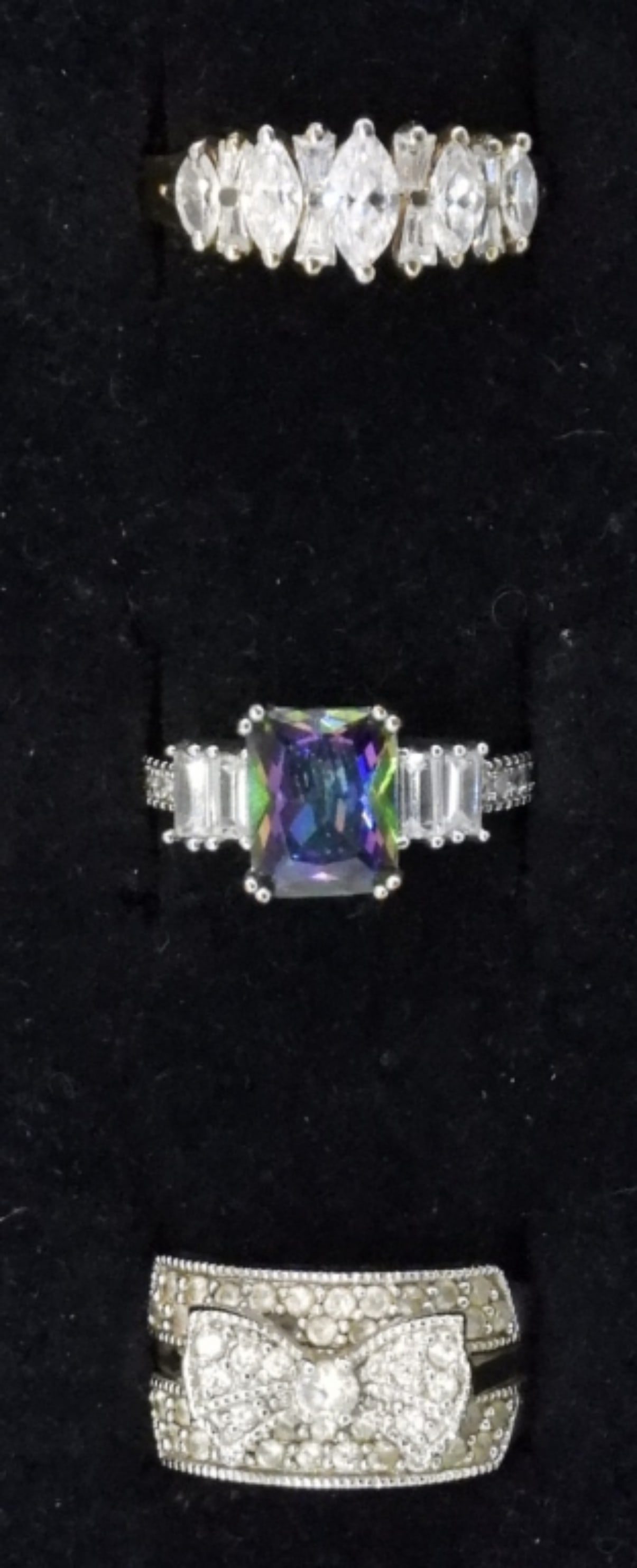 3 Sterling Gemstone Rings - Mystic Topaz: Three sterling gemstone rings. Mystic Topaz and simulated Diamonds. Sizes 6 & 7. (9 dwt)
