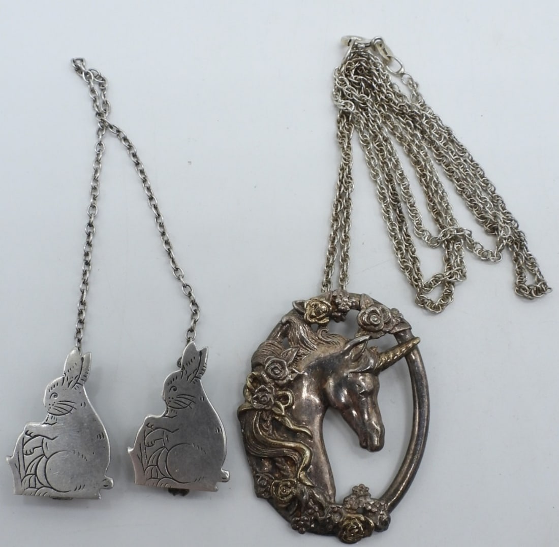 Gorham 925 Unicorn Necklace & Bunny Clips: Gorham brand sterling unicorn pendant (2" long) on a 24" sterling chain. Bunny sweater clips, 7" long. (17 dwt)