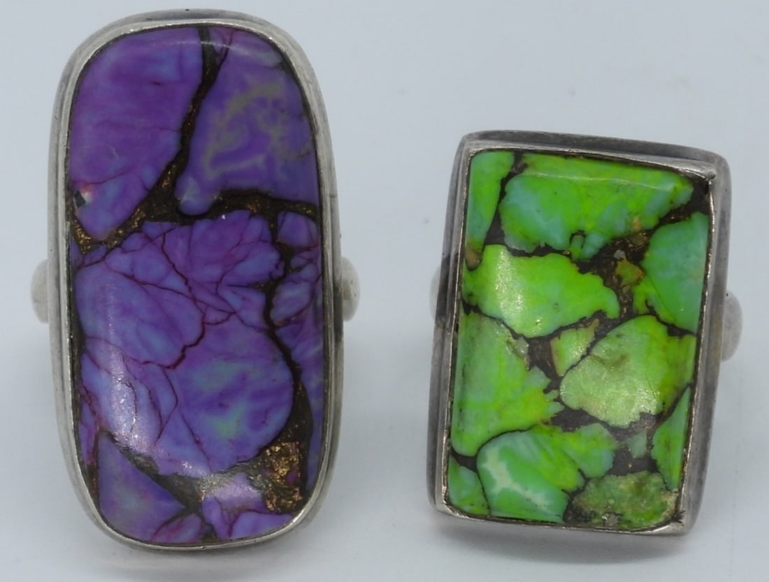 Purple & Green Copper Turquoise 925 Rings: Purple and Green Copper Turquoise sterling rings. Sizes 7 & 8. (12 dwt)