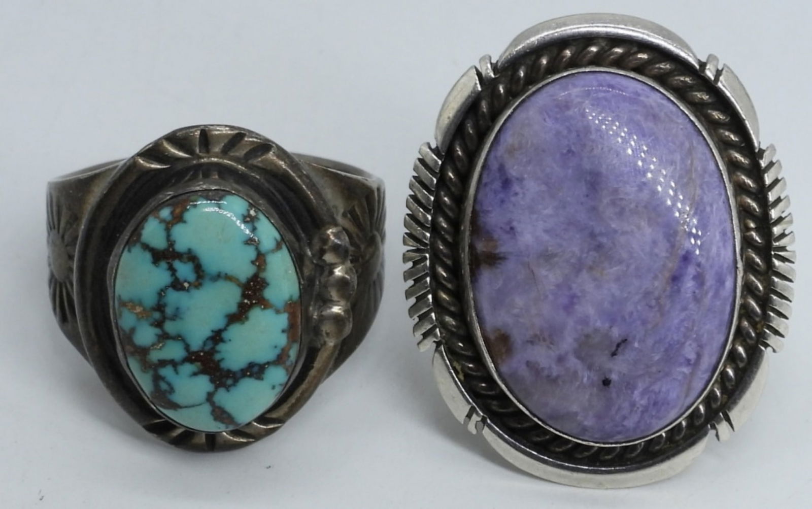 Charoite & Turquoise Sterling Navajo Rings: Two Sterling Navajo rings with Charoite (Eugene Belone) and Turquoise gemstones. Sizes 8 & 12. (12.5 dwt)