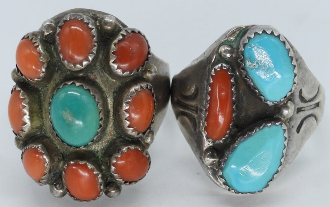 2 Sterling Turquoise & Red Coral Rings: Two sterling rings with turquoise and red coral gemstones. Both size 10.5 (21.5 dwt)