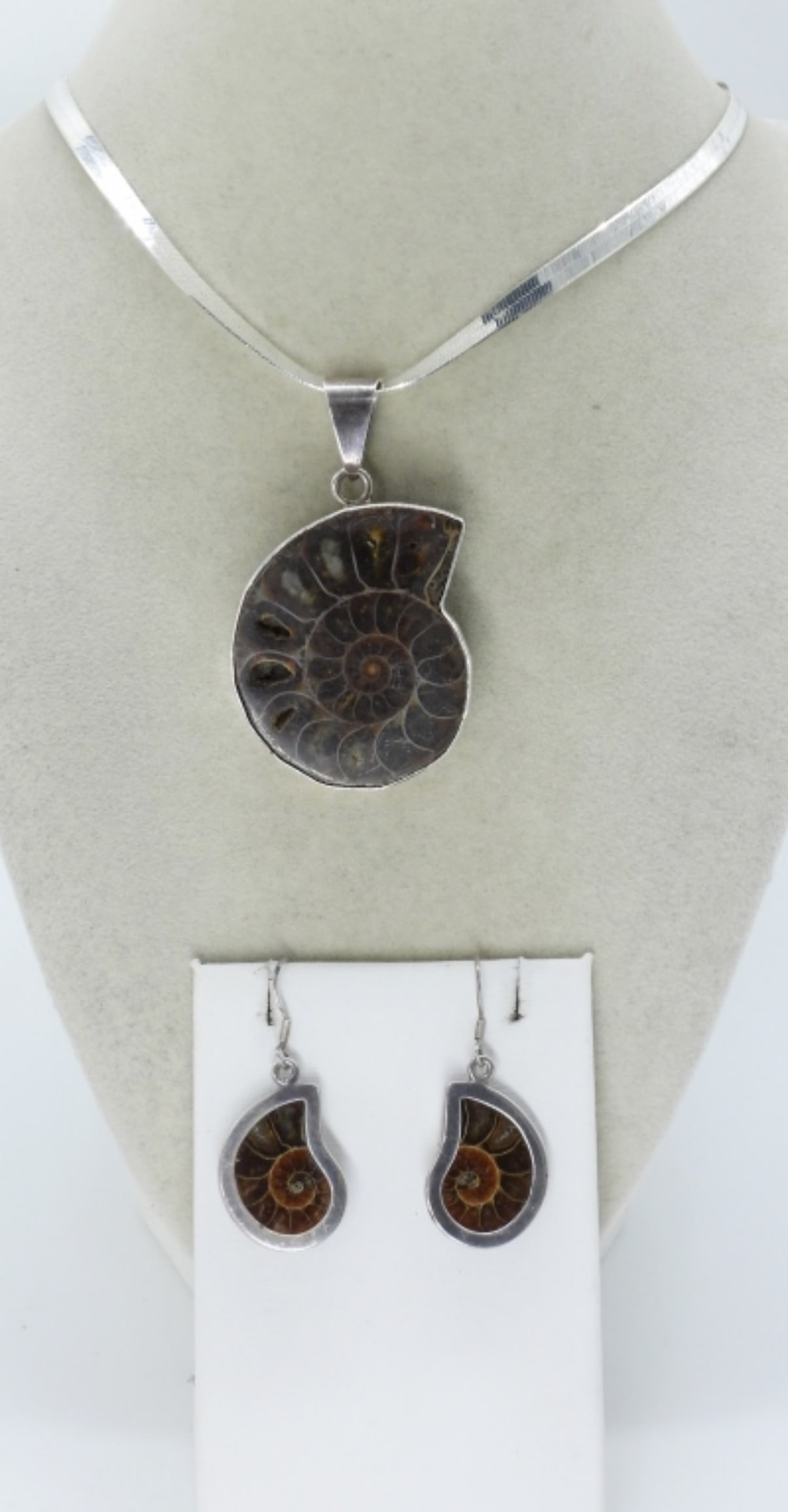 Ammonite Fossil 925 Necklace & Earrings: Ammonite fossil, sterling necklace and pierced earrings. Pendant is 2.5" long on a 30" sterling herringbone chain. Earrings hang 1.5". (29 dwt)