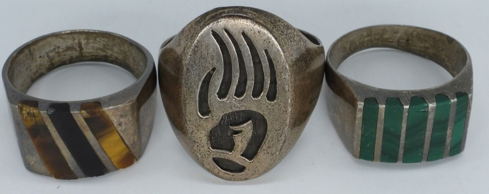 Tigers Eye, Malachite, Bear Paw 925 Rings: Three sterling rings with malachite, tigers eye, black onyx. Sizes 11 & 14.5 (22 dwt)