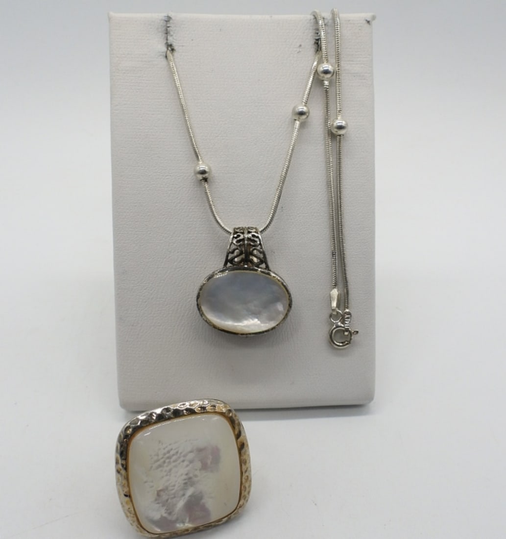 Mother of Pearl Sterling Ring & Necklace: Mother of Pearl gemstone sterling ring, size 7. Necklace is 23" long. (14 dwt)
