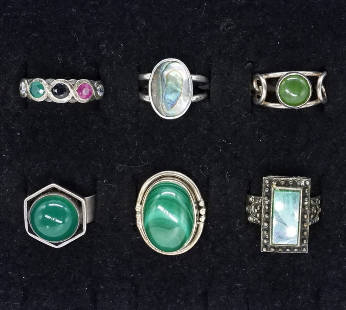 Malachite, Jade & More Green 925 Rings: Six sterling rings with green gemstones. Malachite, Jade, Simulated Emerald & Abalone. Sizes 3.5 - 8 (17 dwt)