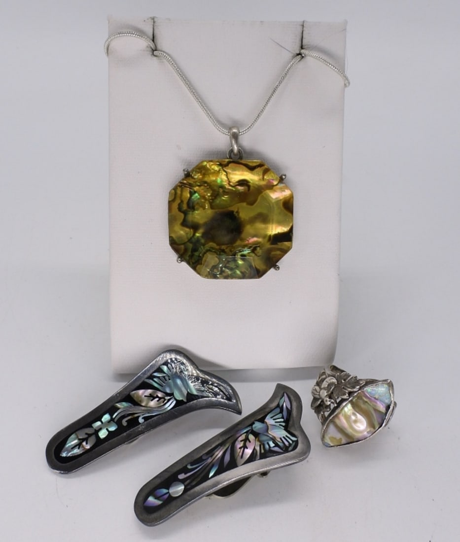 Vintage Abalone 925 Ring, Earrings & More: Vintage sterling Abalone Taxco clip on earrings, 2" long. Abalone ring, size 4. Abalone (covered in Lucite) on a 16" chain. (16.5 dwt)