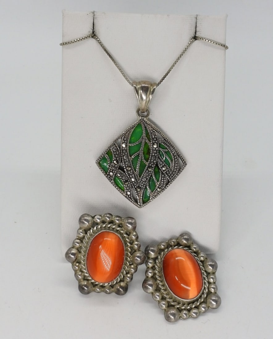 Vintage Turquoise & Orange Cats Eye 925: Orange cats eye gemstone, clip on sterling earrings, 1" long. Green Turquoise, sterling and marcasite pendant (2" long) on a 20" sterling chain. (17.4 dwt)