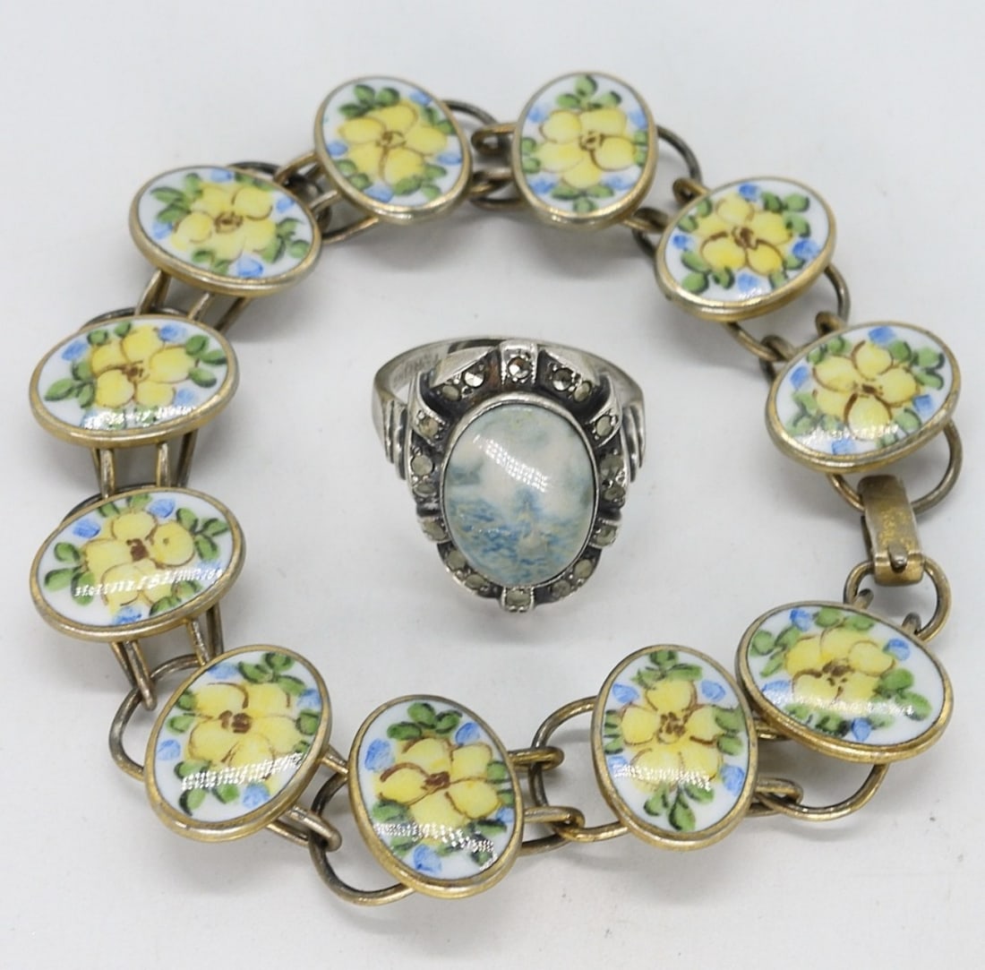 1920s Sterling Enamel Bracelet & Ring: Vintage 1920's sterling bracelet (gold toned) with enamel flower design. 7" long. Unidentified gemstone sterling ring, size 6. (11.2 dwt)