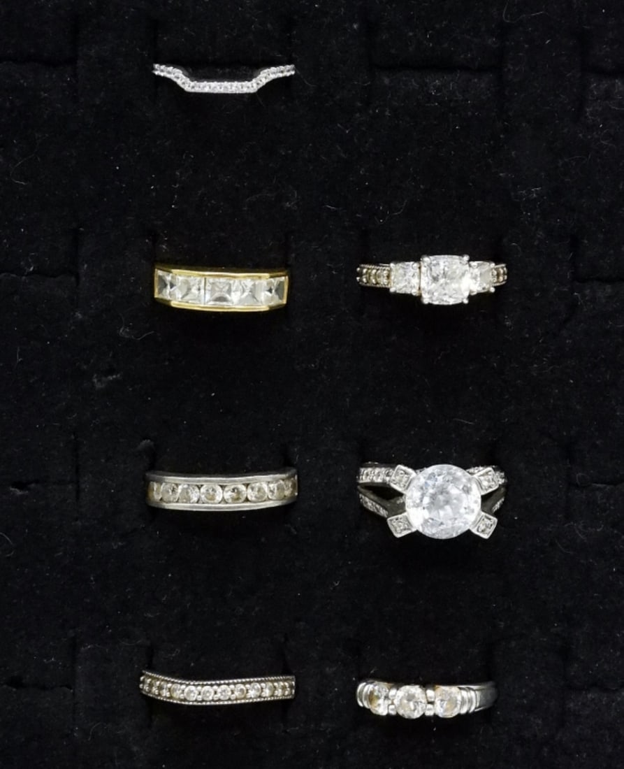 7 Bridal Style Sterling Rings: Seven bridal style sterling rings, sizes 5-8. (16.4 dwt)