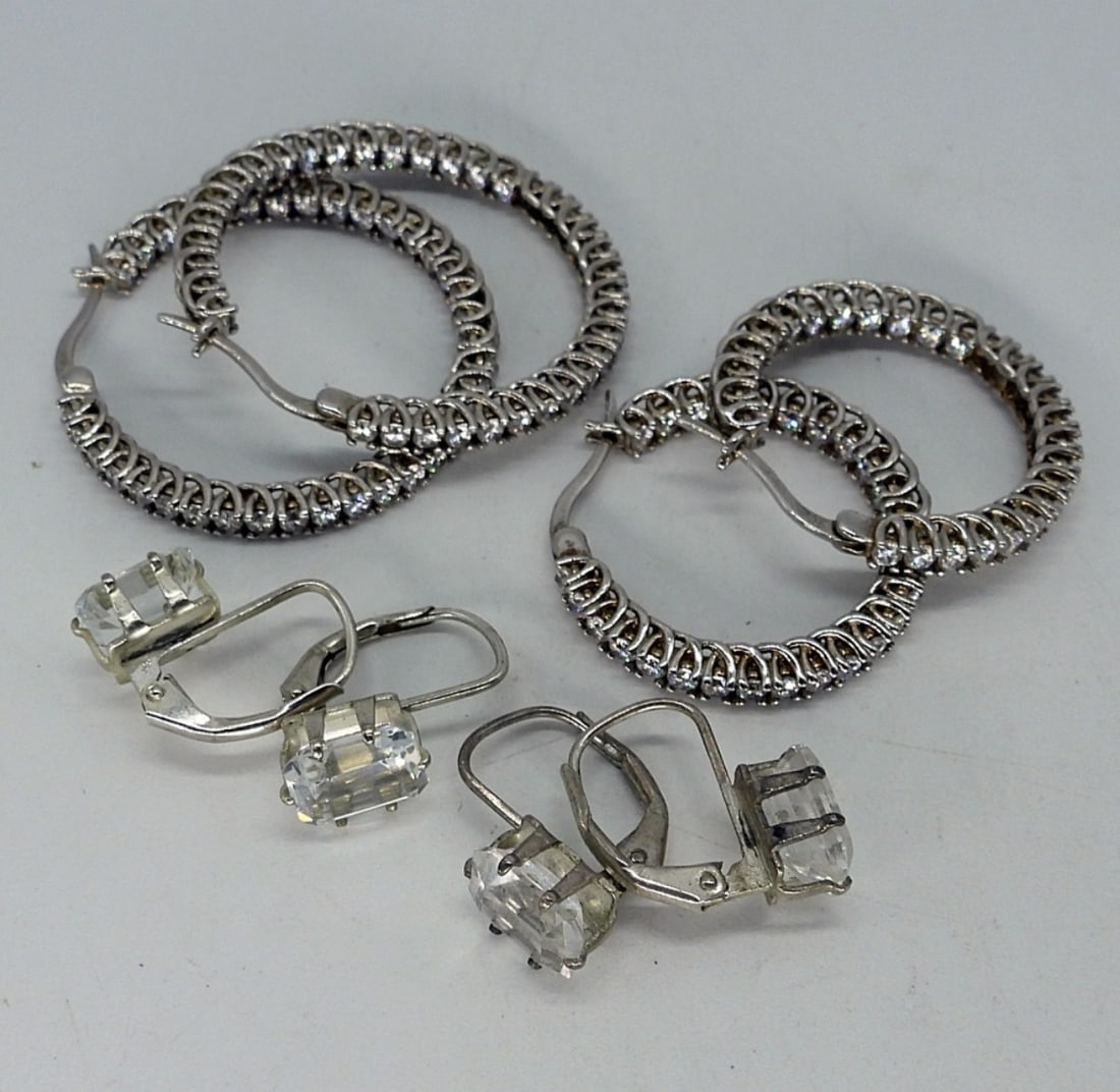 4 Pair Sterling Bridal Style Earrings: Four pair of sterling pierced earrings with simulated diamond gemstones. Hoops are 1" and 1.5". (9 dwt)