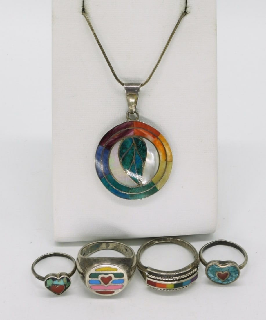 Sterling Pride Rings & Necklace: Sterling "Pride" rings and necklace. Four sterling rings with turquoise and other inlaid gemstones, sizes 2, 3.5, 6, 9. Inlaid colored Mother of Pearl gemstone pendant (1 3/4" long) on a