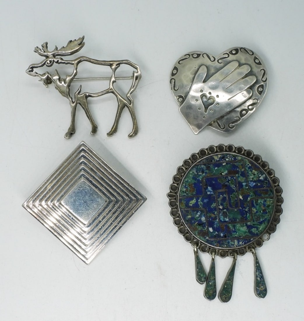 Taxco 925 Inlay Brooch & 3 Others: Vintage turquoise inlay Taxco Brooch, 2". Three other sterling brooches about the same size. (22 dwt)