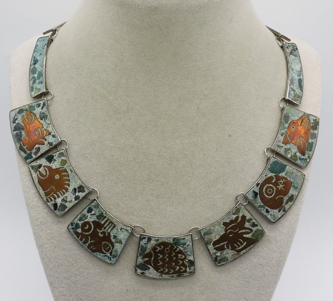 Mexico 925 & Copper Turquoise Necklace: Mexico sterling and copper accent mosaic crushed turquoise necklace. 17" long. (30 dwt)