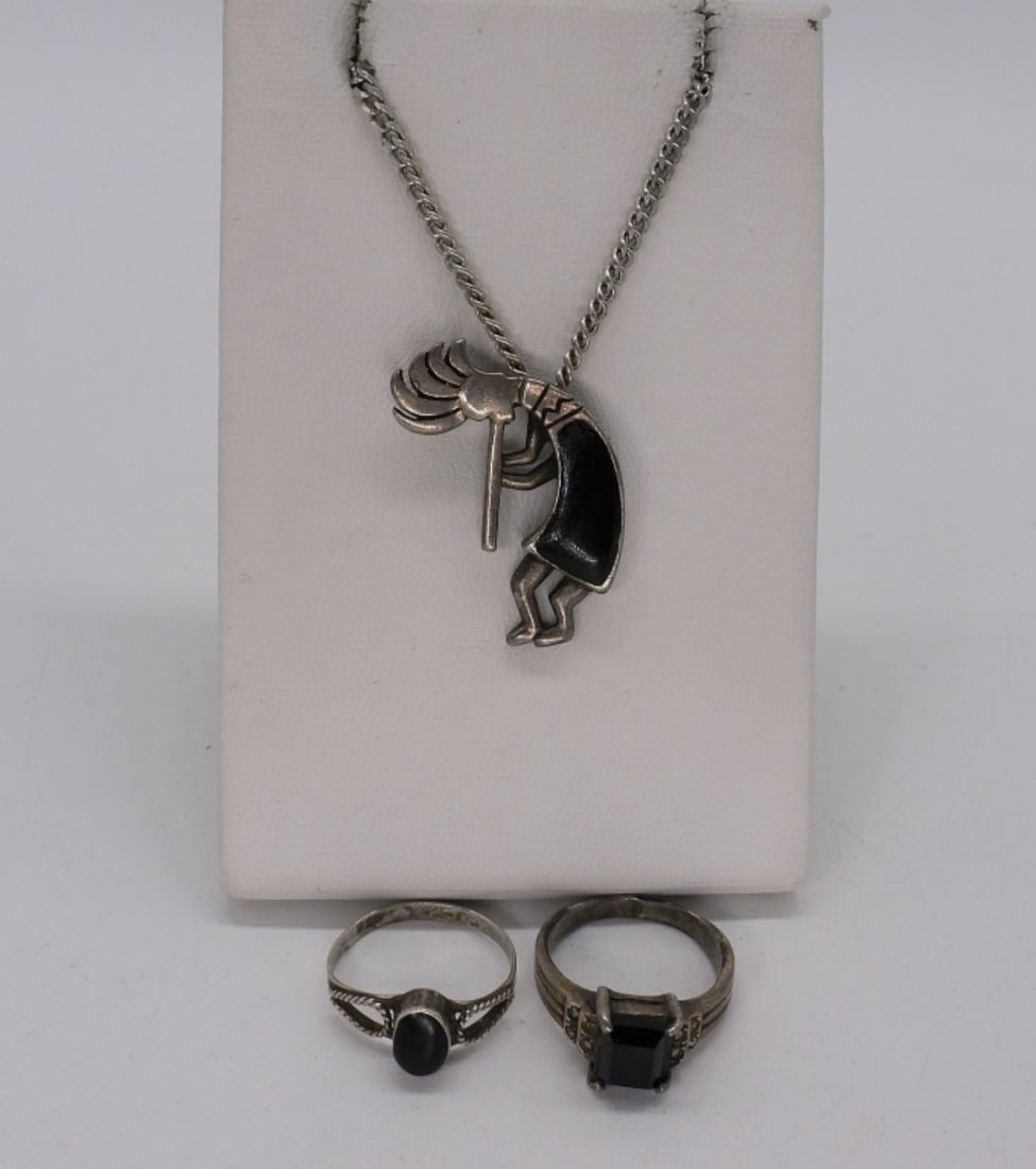 Black Onyx 925 Kokopelli Necklace & Rings: Vintage sterling and black onyx Kokopelli 18" necklace. Two sterling black onyx rings, size 6. (10 dwt)