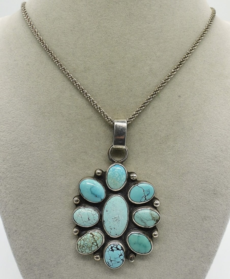 Mexico 925 Huge Turquoise Pendant: Huge sterling Turquoise pendant, marked "Mexico 925". Pendant is 3" long and 2" wide. 18" long sterling chain. (20.7 dwt)