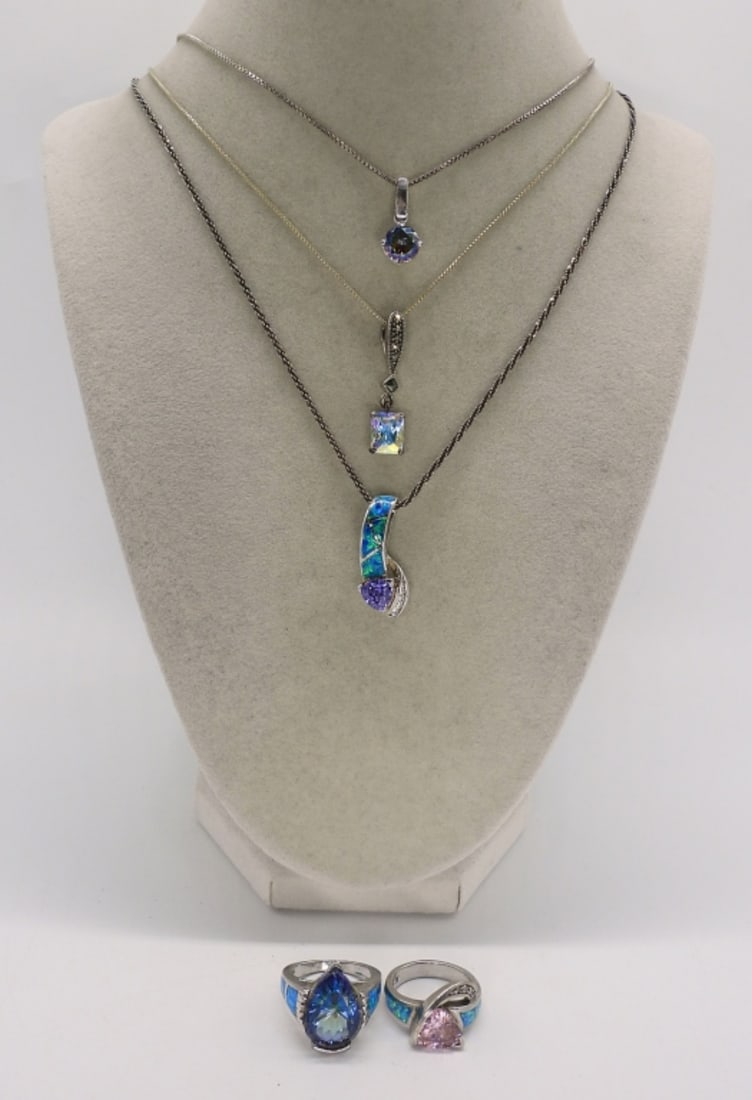 Opal, Mystic Topaz & More 925 Jewelry: Opal, Mystic Topaz, Amethyst, Pink CZ, Mystic CZ. Necklaces are 18" & 24" long. Rings are size 6 & 7. (17 dwt)