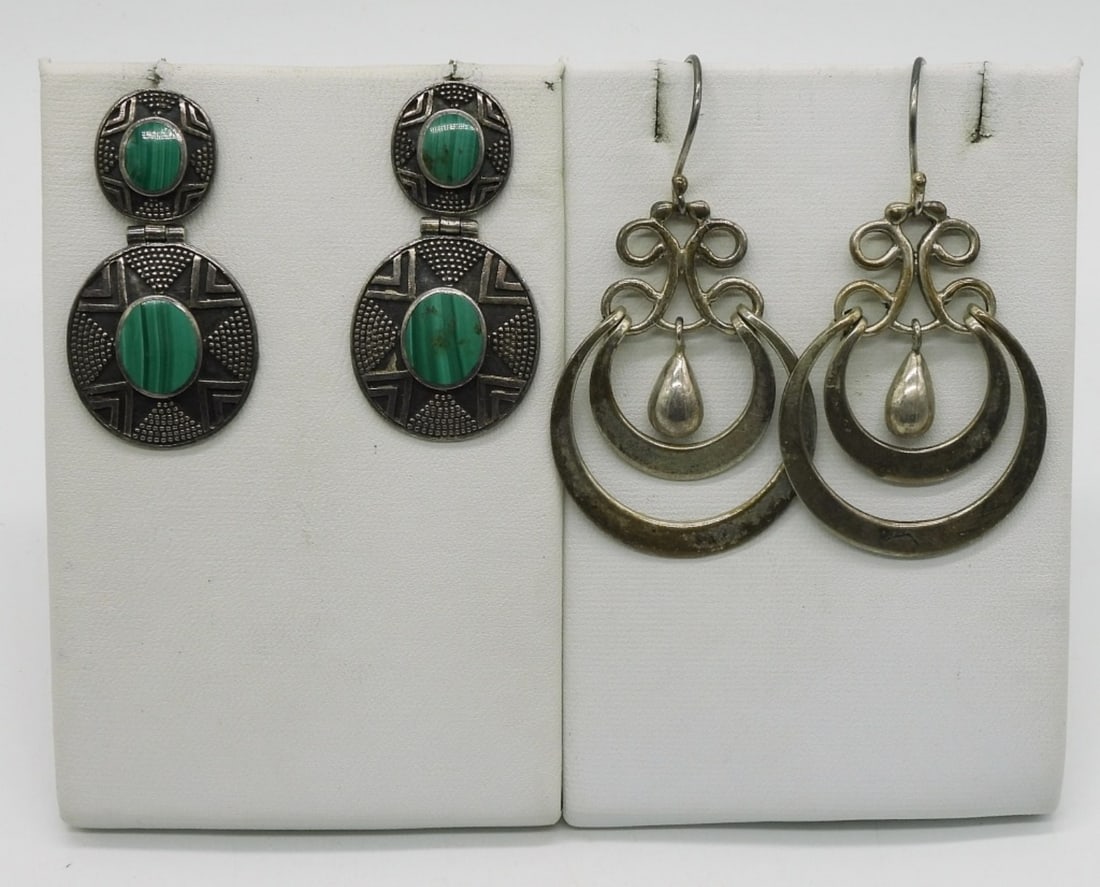 2 Pair Vintage 925 Malachite Earrings: Two pair of vintage sterling earrings, one with malachite gemstones. Both pierced and around 2" long. (15.8 dwt) (6x4x2)