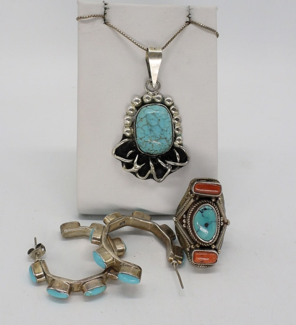 Turquoise Sterling Ring, Necklace, Earrings (1 of 1)