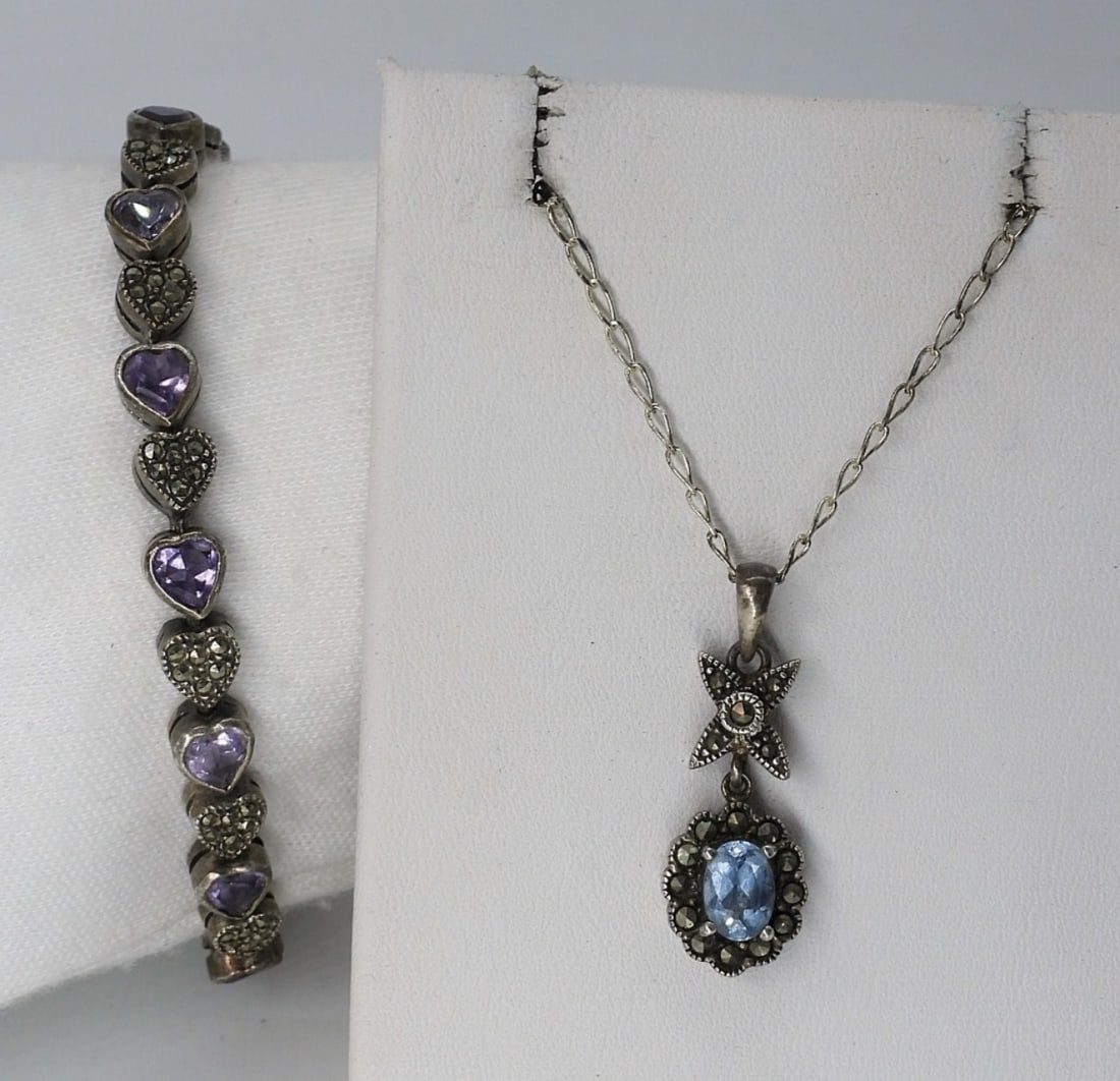 Vintage 925 Amethyst & Blue Topaz Set: Vintage sterling blue topaz & marcasite necklace, 20" long. Amethyst & Marcasite clasp bracelet, 7" long. (14 dwt)