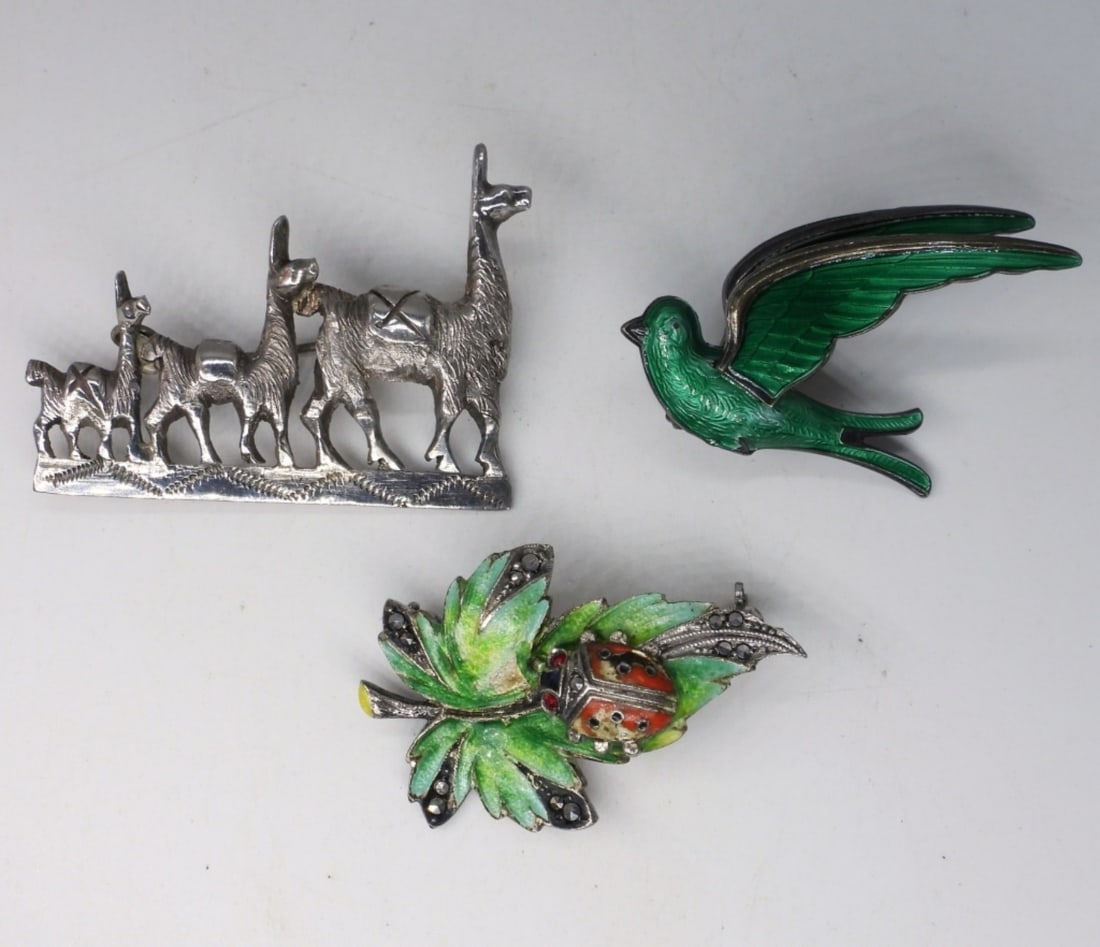 3 Vintage Pins, Enameled: Three sterling vintage pins. Two are enamel covered. 1.5" - 2" wide. (12 dwt)