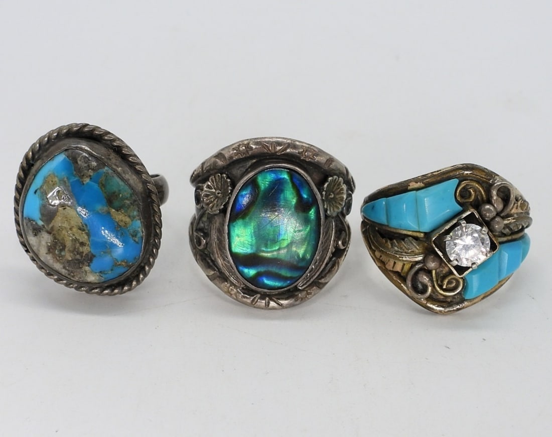 3 Large 925 Turquoise & Abalone Rings (1 of 3)