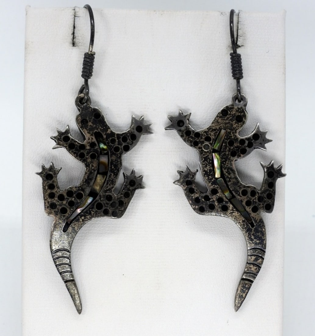 Mexico Taxco Gecko 925 Abalone Earrings: Mexico Taxco 925, Gecko earrings with abalone inlay. 2.5" long. Marked Mexico 925 TN-212. (9.4 dwt)
