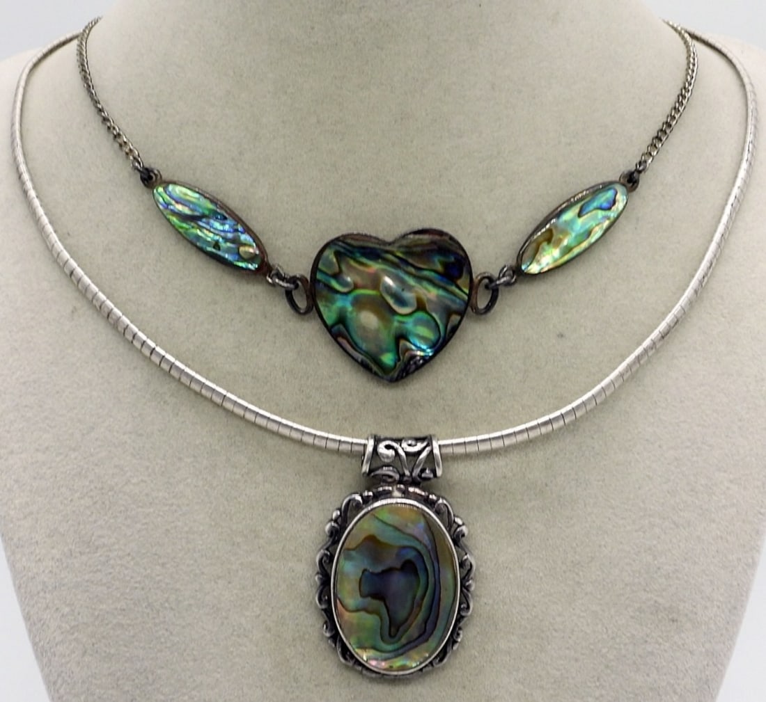 Two Sterling Abalone Necklaces: Two sterling abalone necklaces, 16" & 17". (20.7 dwt)