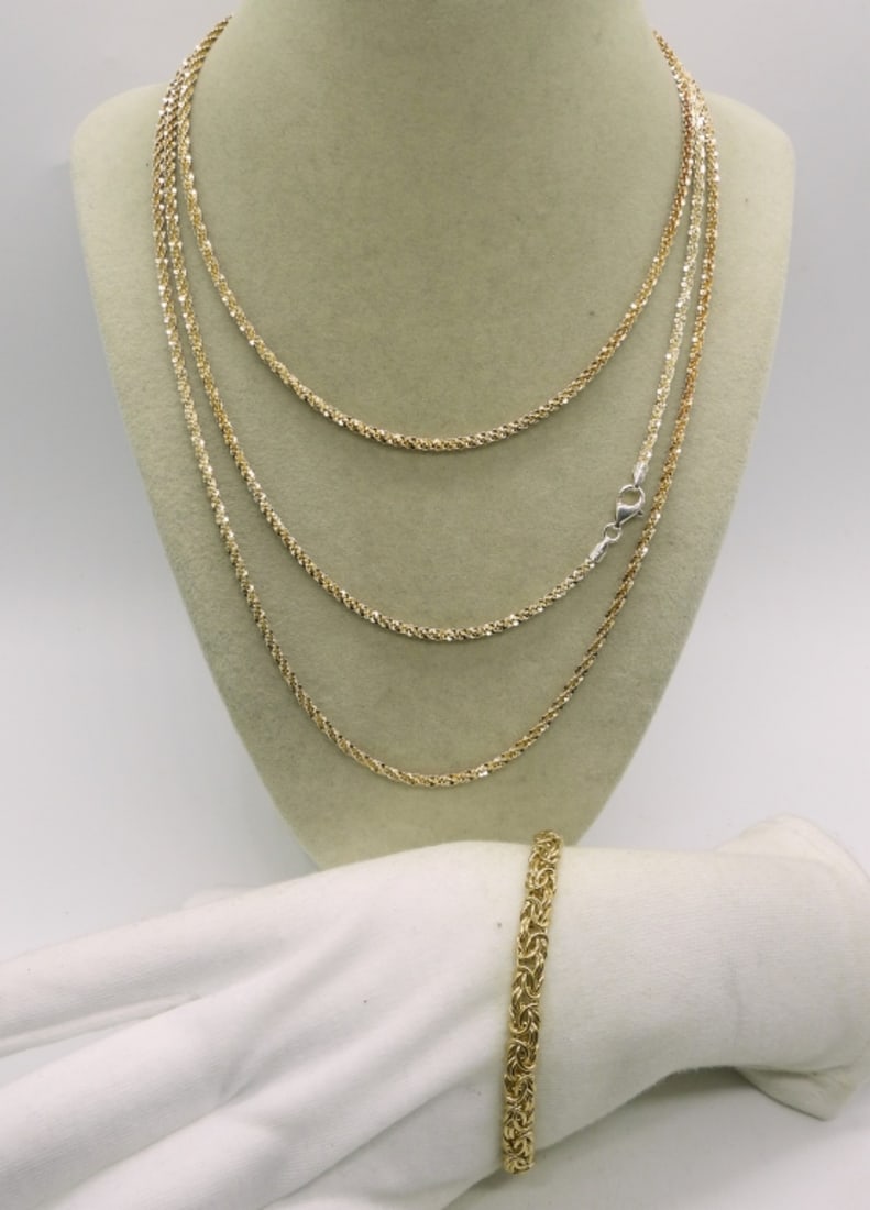 Gold Tone Sterling Chain & Bracelet: Gold tone sterling chain, 52". Sterling gold tone byzantine bracelet, 7". (18.9 dwt) (6x4x2)
