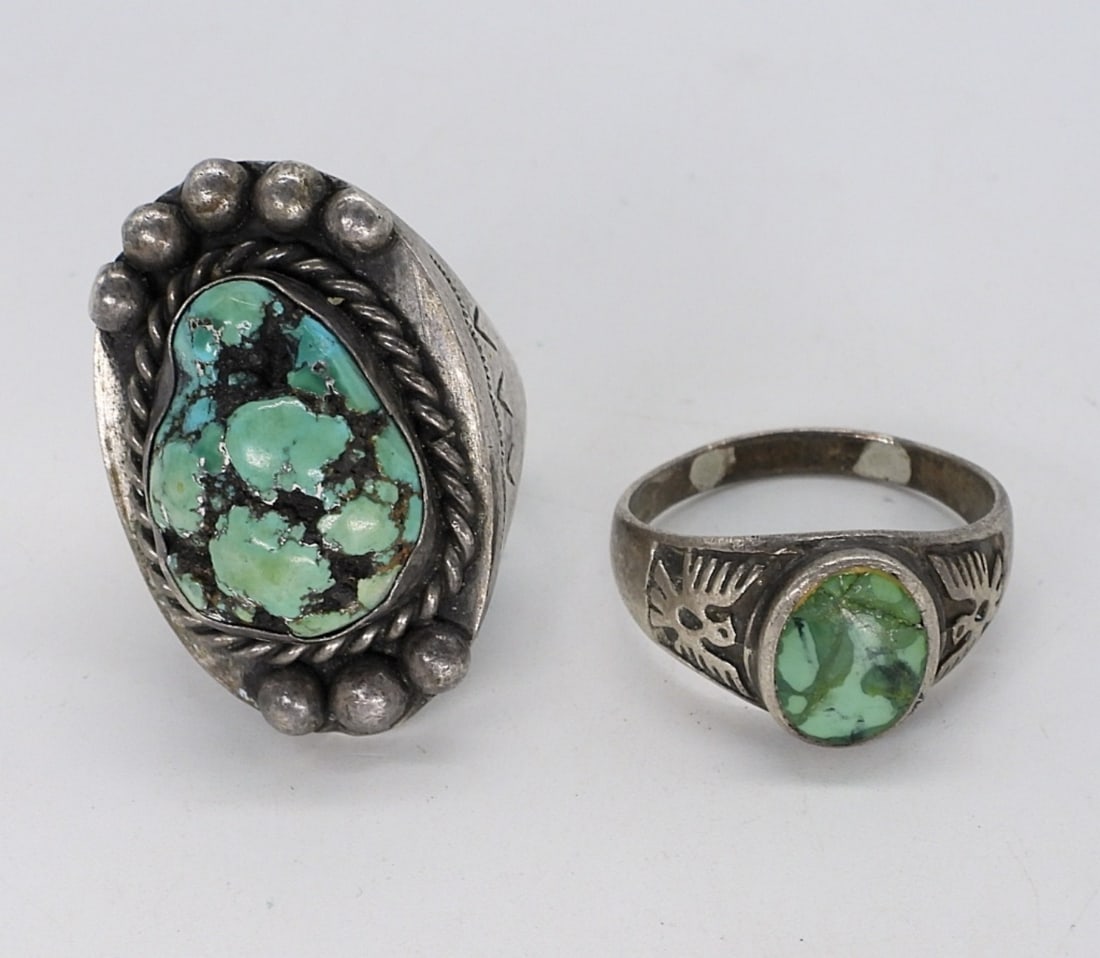 2 Sterling Southwest Turquoise Rings: Two sterling southwest turquoise rings, sizes 10 & 12. (22 dwt)